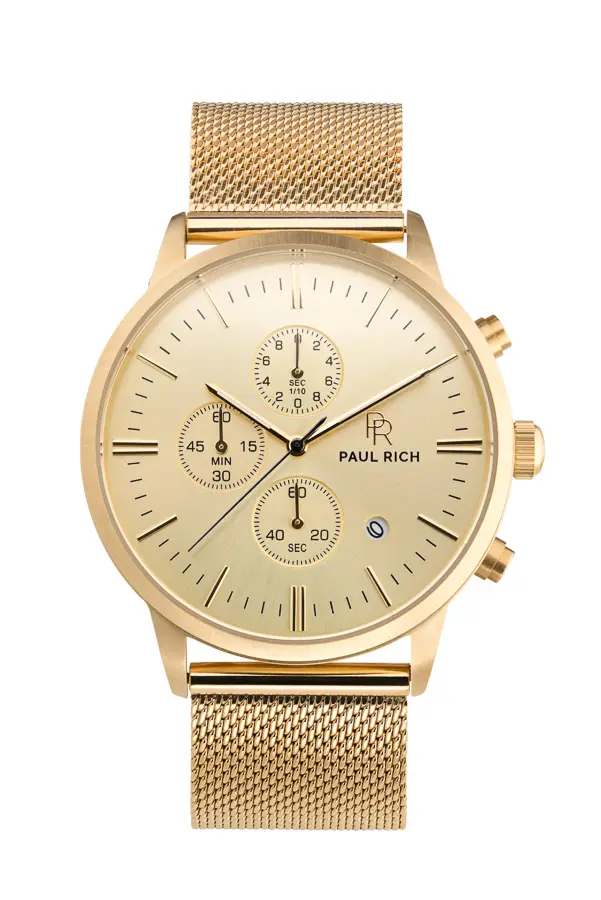 Profesjonalna fotografia zegarków w Warszawie - złoty zegarek Paul Rich na białym tle, zdjęcie produktowe premium.