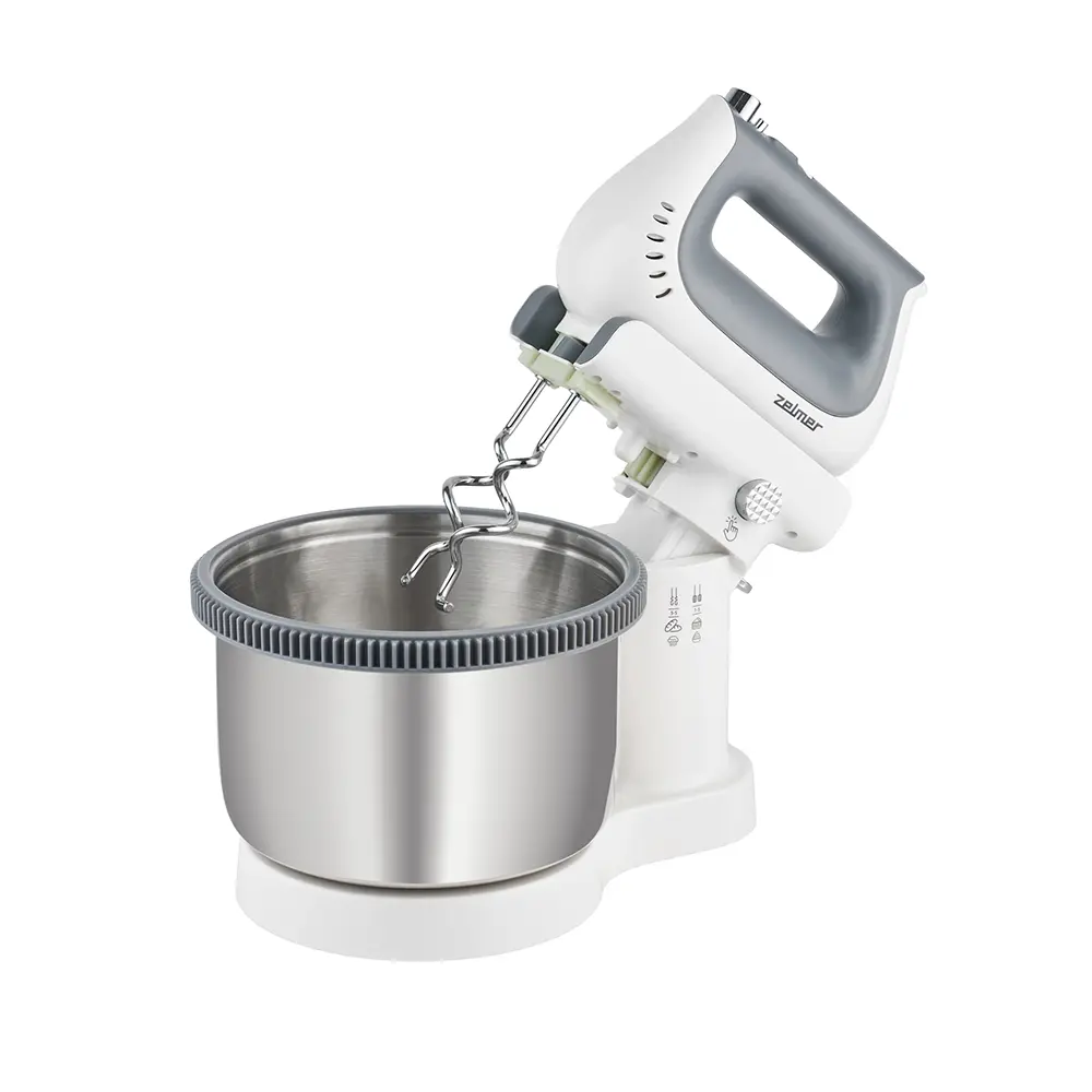 Profesjonalna fotografia produktowa premium: biały mikser z misą obrotową Zelmer, sprzęt AGD, zdjęcie typu packshot na białym tle.