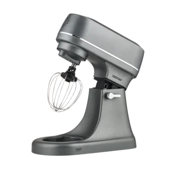 Profesjonalna fotografia produktowa: szary robot planetarny Zelmer ZKR2010 z rózgą do ubijania, packshot z przezroczystym tłem (PNG), sprzęt AGD.