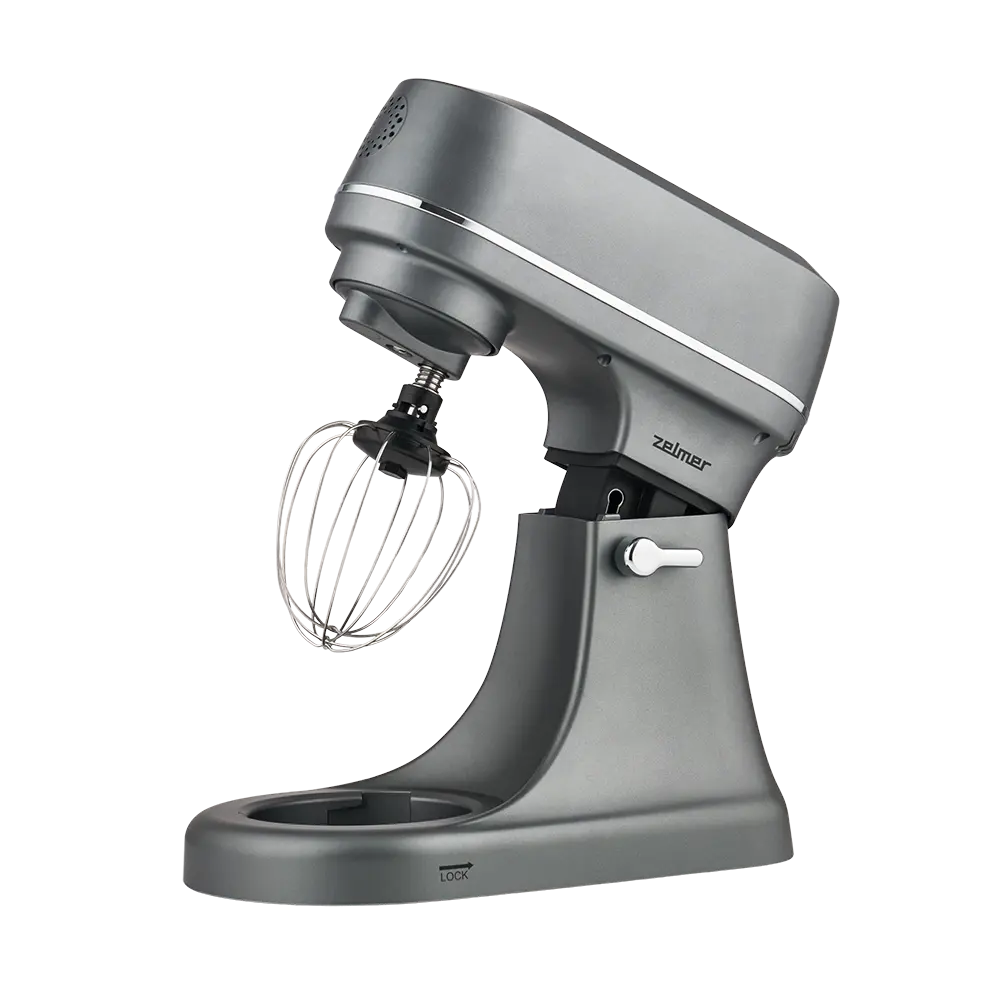 Profesjonalna fotografia produktowa: szary robot planetarny Zelmer ZKR2010 z rózgą do ubijania, packshot z przezroczystym tłem (PNG), sprzęt AGD.