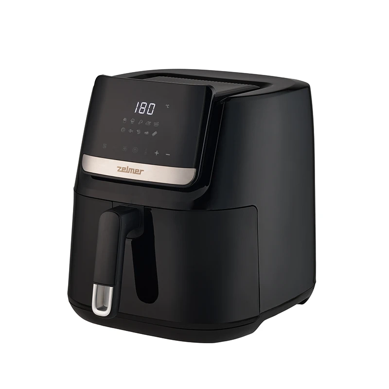 Profesjonalna fotografia produktowa AGD w Warszawie - czarna frytkownica beztłuszczowa Zelmer na białym tle, wykonana przez studio Packshothouse.