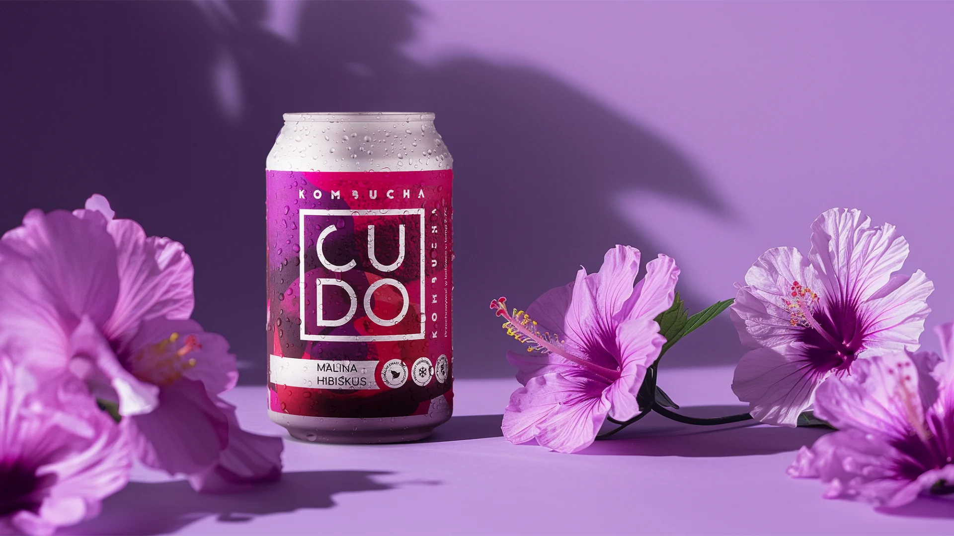 Sesja produktowa napoju kombucha CUDO malina hibiskus, puszka z kroplami wody na fioletowym tle z kwiatami