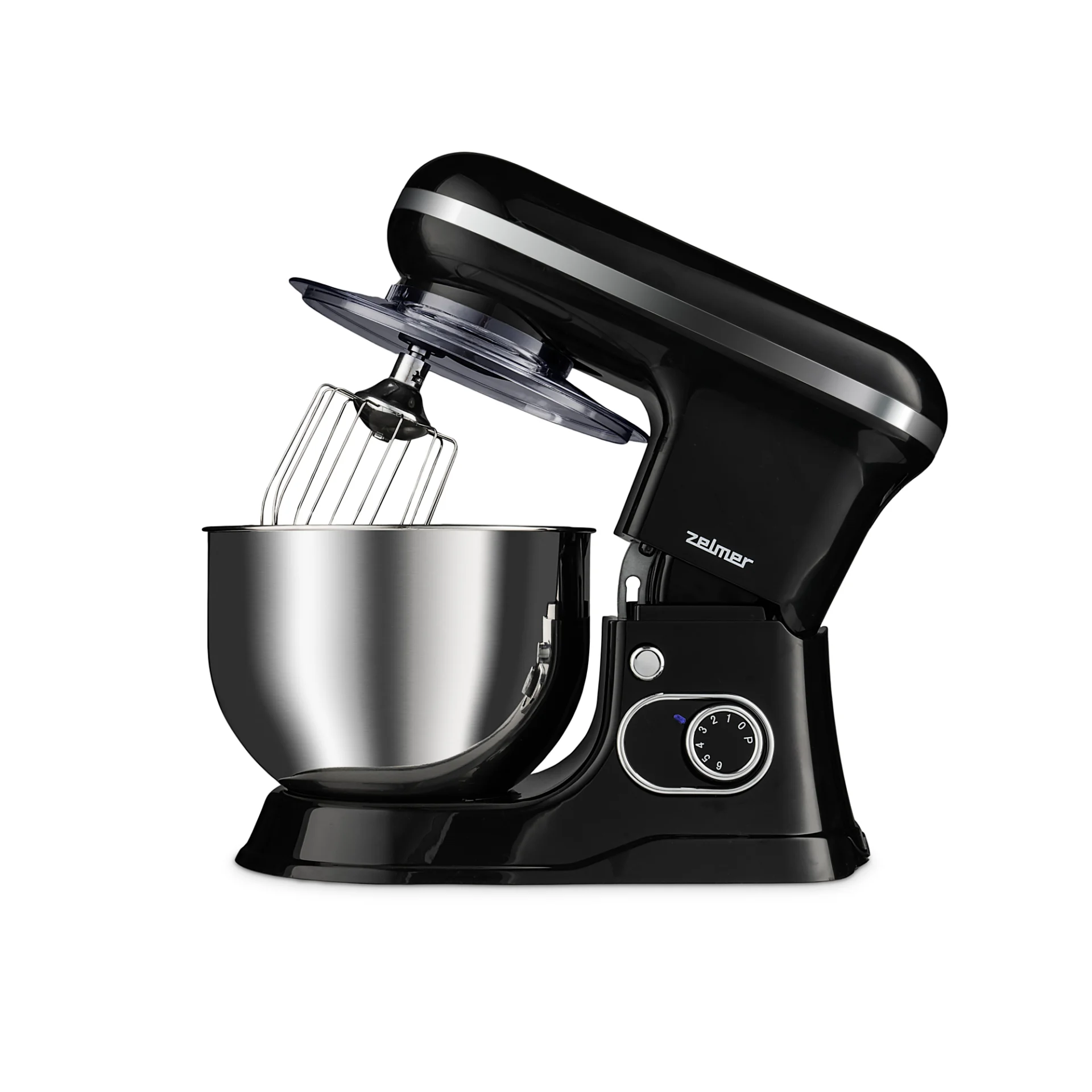 Czarny robot planetarny Zelmer z metalową misą i trzepaczką, zdjęcie produktowe na białym tle